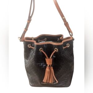 Dooney & Bourke Black Woven Leather Drawstring Shoulder Bag with Brown Trim